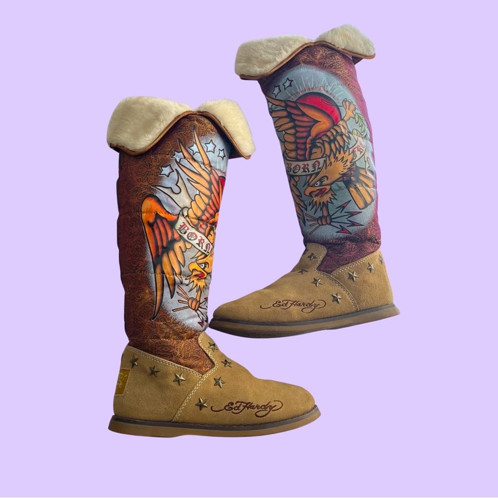 Ed Hardy Y2K Fur Star Studded Graphic Boots